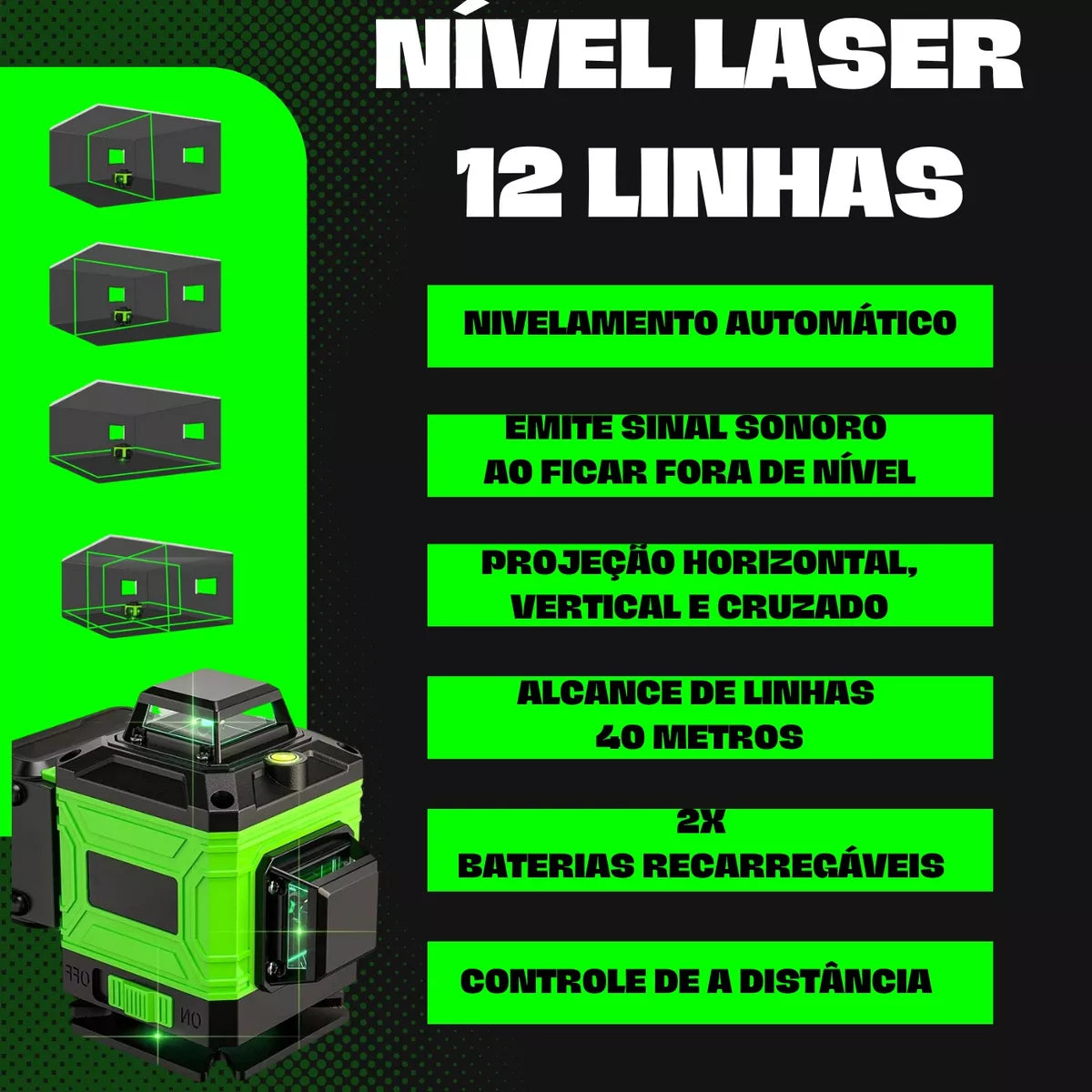 Kit Nível Laser Verde 12 Linhas 40m com Tripé + Esquadro + Suporte -  Recarregável C/ Controle